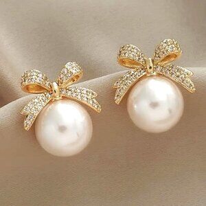 Pearl Earrings Bow Drop Rhinestones Ornament Ball Holiday Classy Glam Trendy